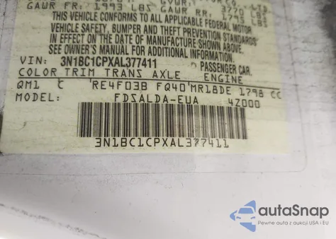 2010 Nissan Versa 1.8S z USA, uszkodzony, nr VIN 3N1BC1CPXAL377411